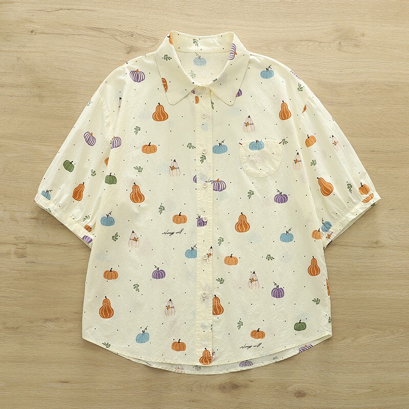 2025 summer new Japanese cartoon pumpkin printed short sleeve shirt women's cotton cardigan shirt wholesale