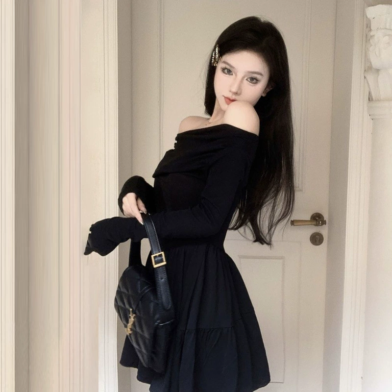 Off-Shoulder Dress, French Style, Slim Fit, Long Sleeve — Black/Apricot, S–XL