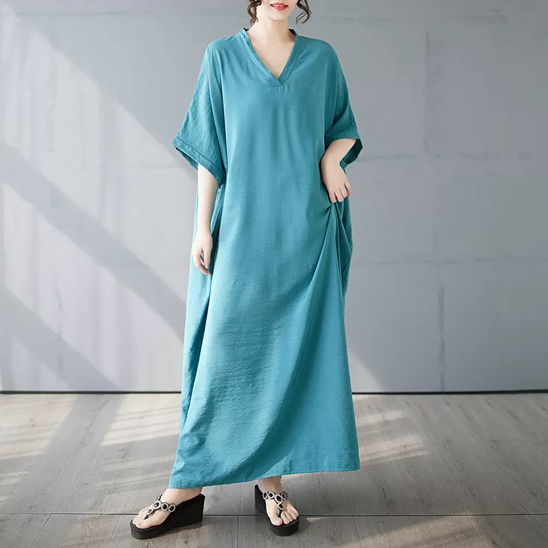 25夏季时尚胖MM大码女装V领高档气质梭织垂感长款纯色短袖连衣裙