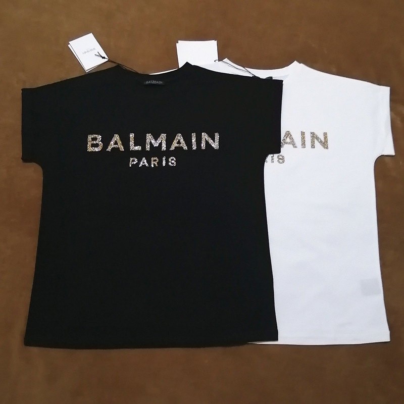 Balmain Balmain Women's New Summer Style Round Neck Pullover Short-Sleeved T-Shirt with Rhinestone Letters Fashion Top