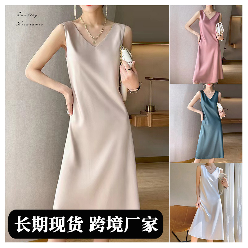 Nuevo vestido sin mangas para mujer 2026, nuevo vestido largo de satén por encima de la rodilla para verano, con tirantes de color liso y talla grande.