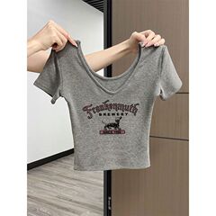 大きなネックラインのショートスリーブTシャツ女性用2025夏新作セクシーなスリムフィットUネックショート甘辛トップ