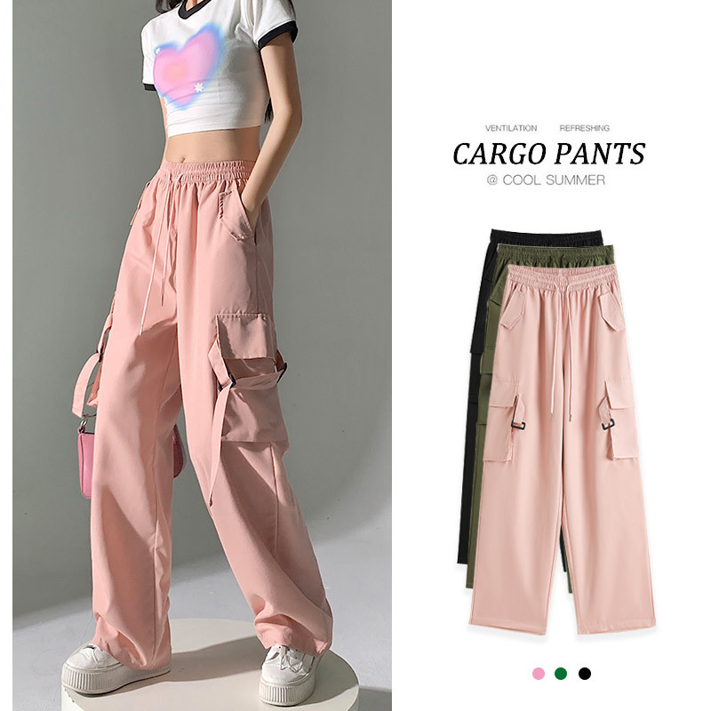 Mono rosa para mujer 2024 verano delgada cintura alta drapeado de secado rápido bolsillo ancho pierna casual Pantalones deportivos americanos para mujer