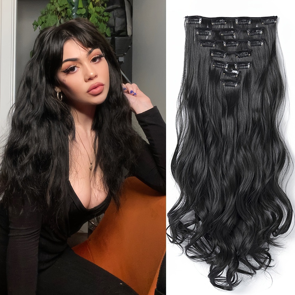 16 tarjetas de fibra química larga extensión de cabello rizado gran onda de cabello rizado siete piezas de cabello clip