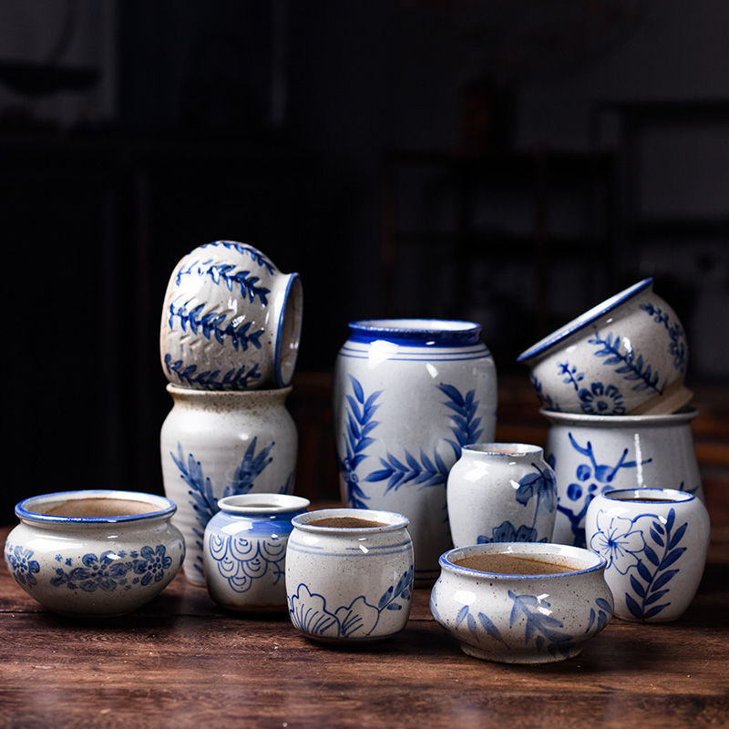 Personalized fleshy flowerpot stoneware breathable retro ceramic root-controlled stone flower blue and white porcelain meat thumb pot wholesale