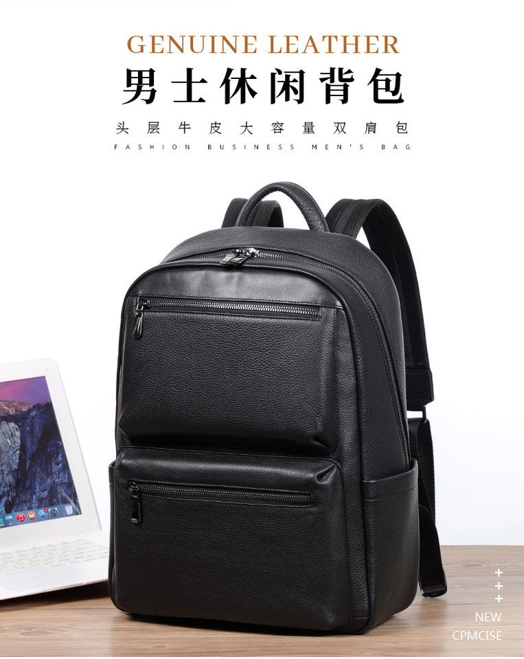 Ba lô da bò lớp đầu cho nam, kiểu dáng tối giản, đa chức năng, ngăn laptop 15 inch — Màu đen chi tiết 1