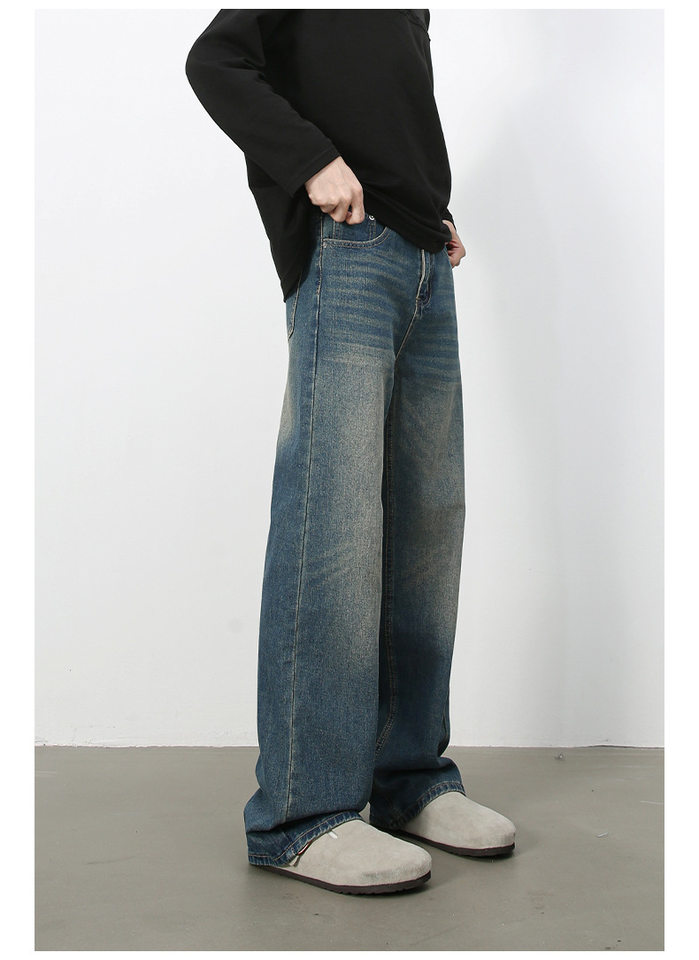 Quần jean nam ống rộng suông thẳng phong cách Mỹ, denim wash đơn giản — màu xanh, màu xanh nhạt chi tiết 12