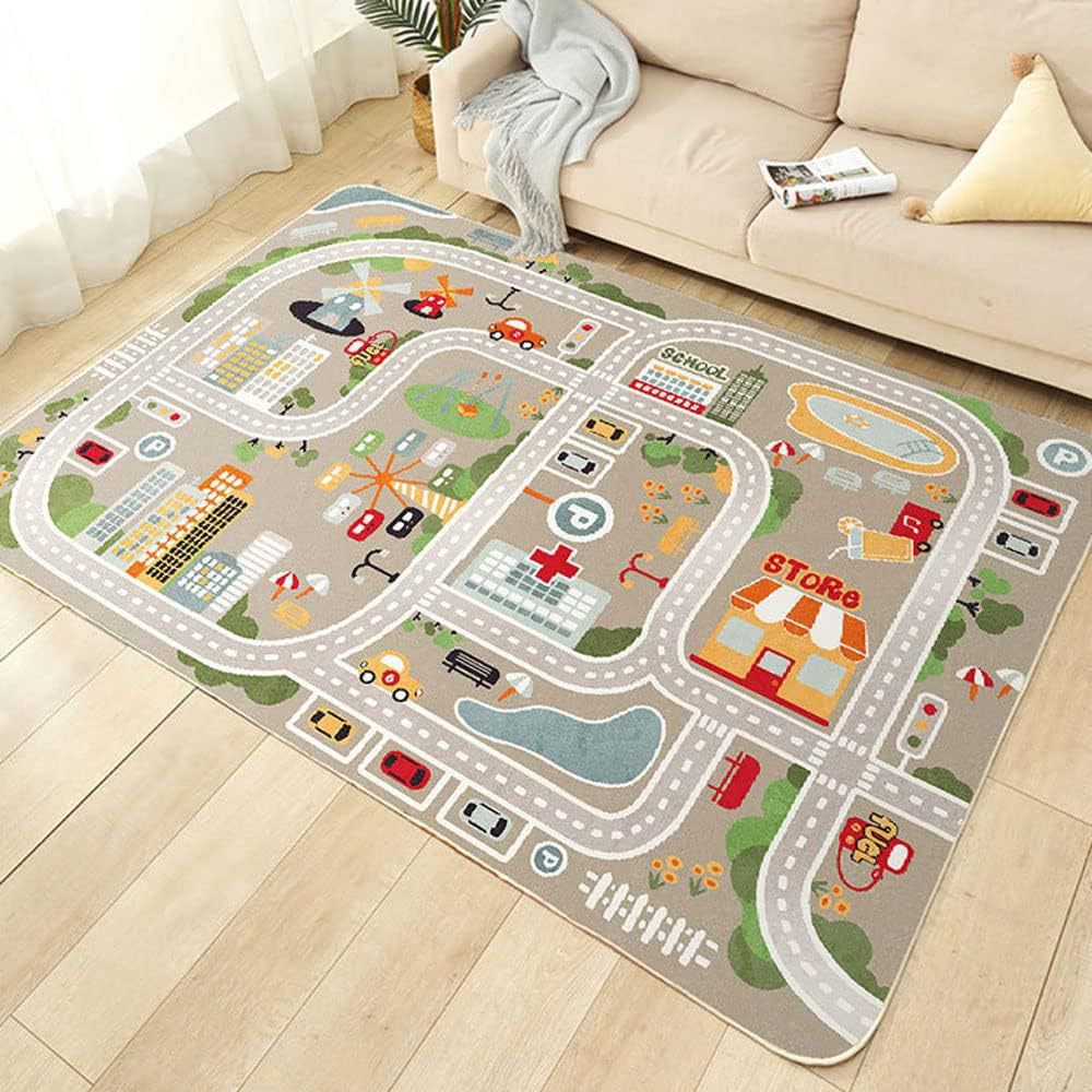 Los niños transfronterizos que se arrastran alfombra escena de tráfico de la ciudad mapa manta de juguete camino pista estacionamiento alfombra de piso