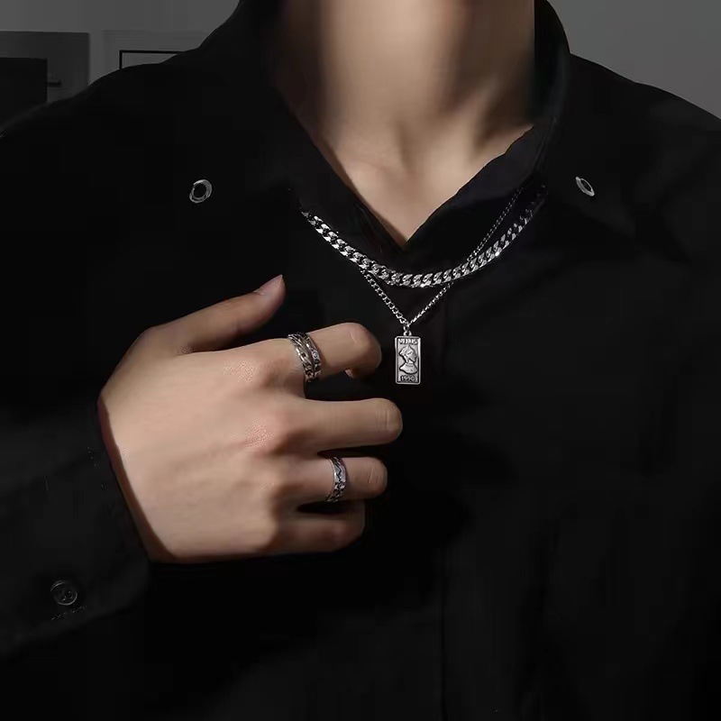 Titanium Steel Material Human Pattern Hip-Hop Human Titanium Steel Polishing Unisex Double Layer Necklaces Men Layered Necklaces