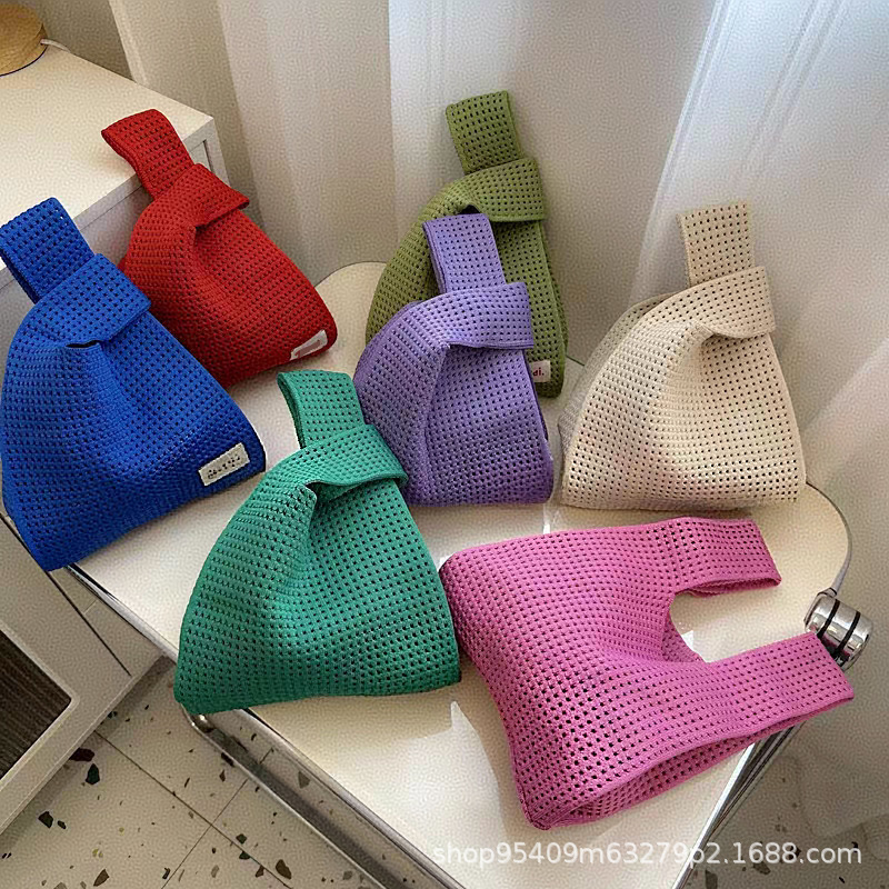 New Hollow Knitted Bag Dopamine Matching Handbag Woven Bag Hand Tote Bag Summer Wool Vented Bag