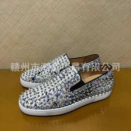 cl andgz男鞋喷墨蛇皮满银钉一脚蹬红底鞋铆钉女鞋船鞋乐福鞋板鞋