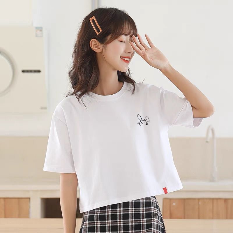 Drop Shoulder Short-Sleeved T-Shirt Women's Short Loose Cotton Shirt 2025 Spring and Summer New High-Waisted Top Loose Petite