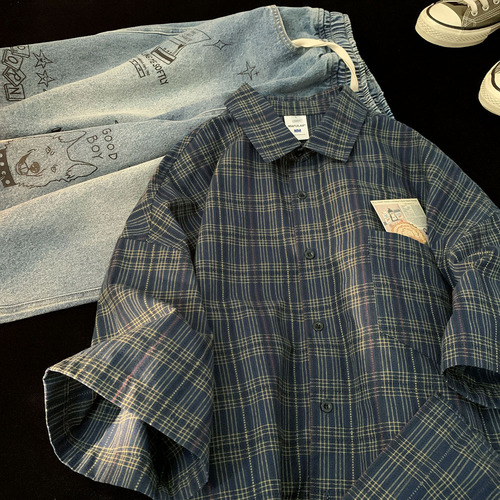 Grid Short-Sleeve Shirt for Men - Summer Trend Brand, Ins Japanese Retro Leisure Style Casual Collar Shirt, Cleanfit Jacket