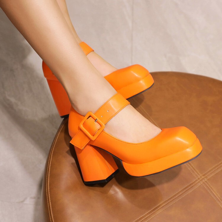 2022 new European and American spring and autumn women's shoes buckle square toe shoes thick high heels 32-48 foreign trade shoes