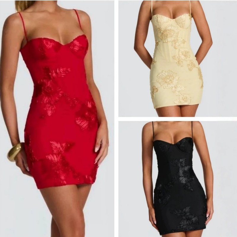 Foreign Trade European and American Style New Women's Fashion Sexy V Neck Stereo Flower Slim Backless Strap Dress