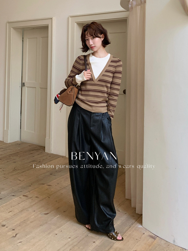 BENYAN本言 秋季法式休闲设计感假两件条纹长袖针织衫毛衣女3569|undefined