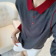 复古撞色条纹蚕丝细羊毛打底衫女韩系休闲POLO领长袖针织衫2025秋