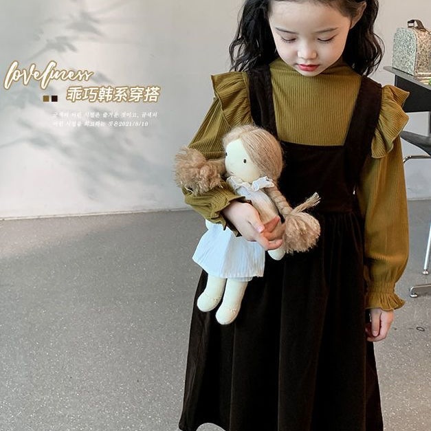 女童秋装韩版洋气背带裙休闲打底衫女宝宝中长款连衣裙两件套