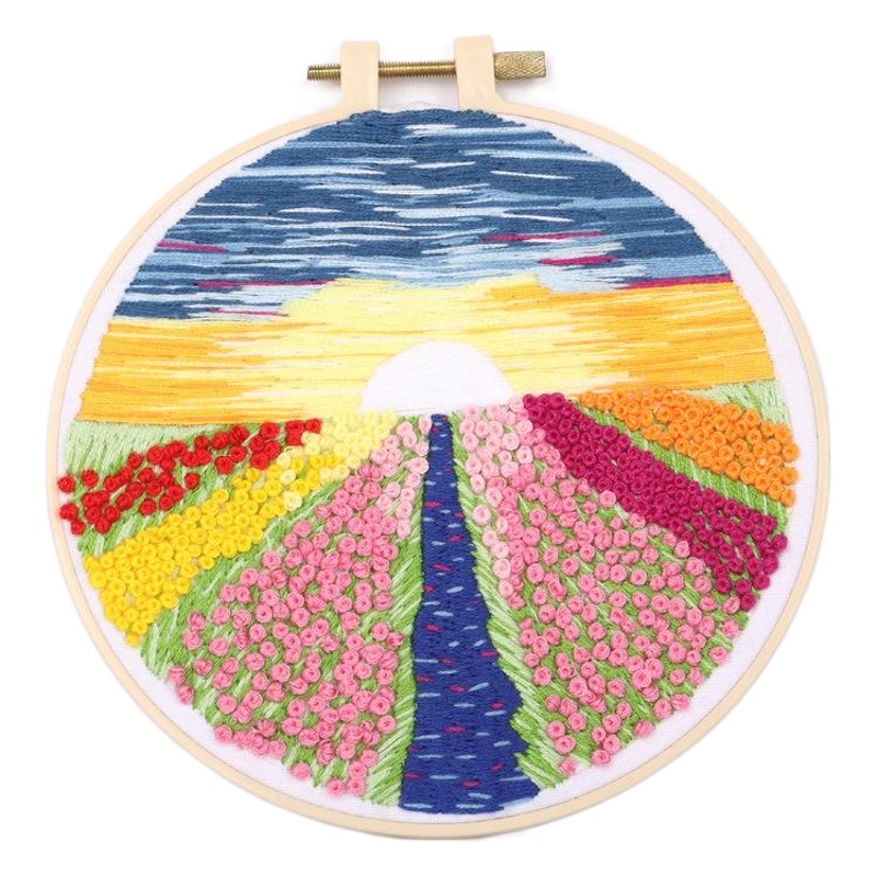 De estilo europeo DIY paquete de material bordado paisaje flor mar temprano color de rosa bordado completo traje de costura