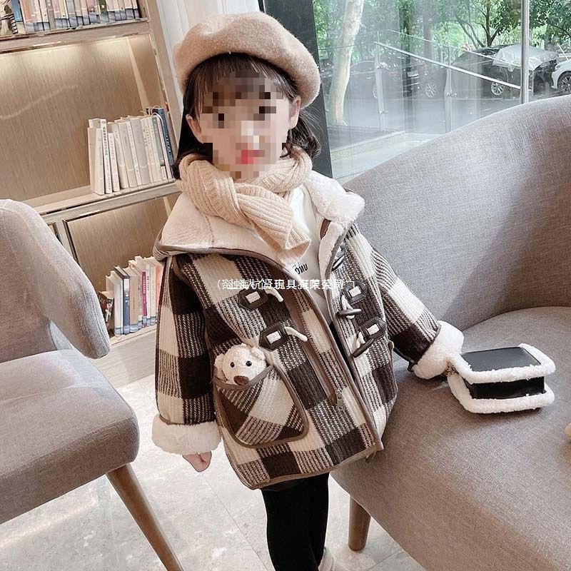 格子连帽新品绒冬款小熊宝宝加厚棉衣长袖女外套女童一体时尚