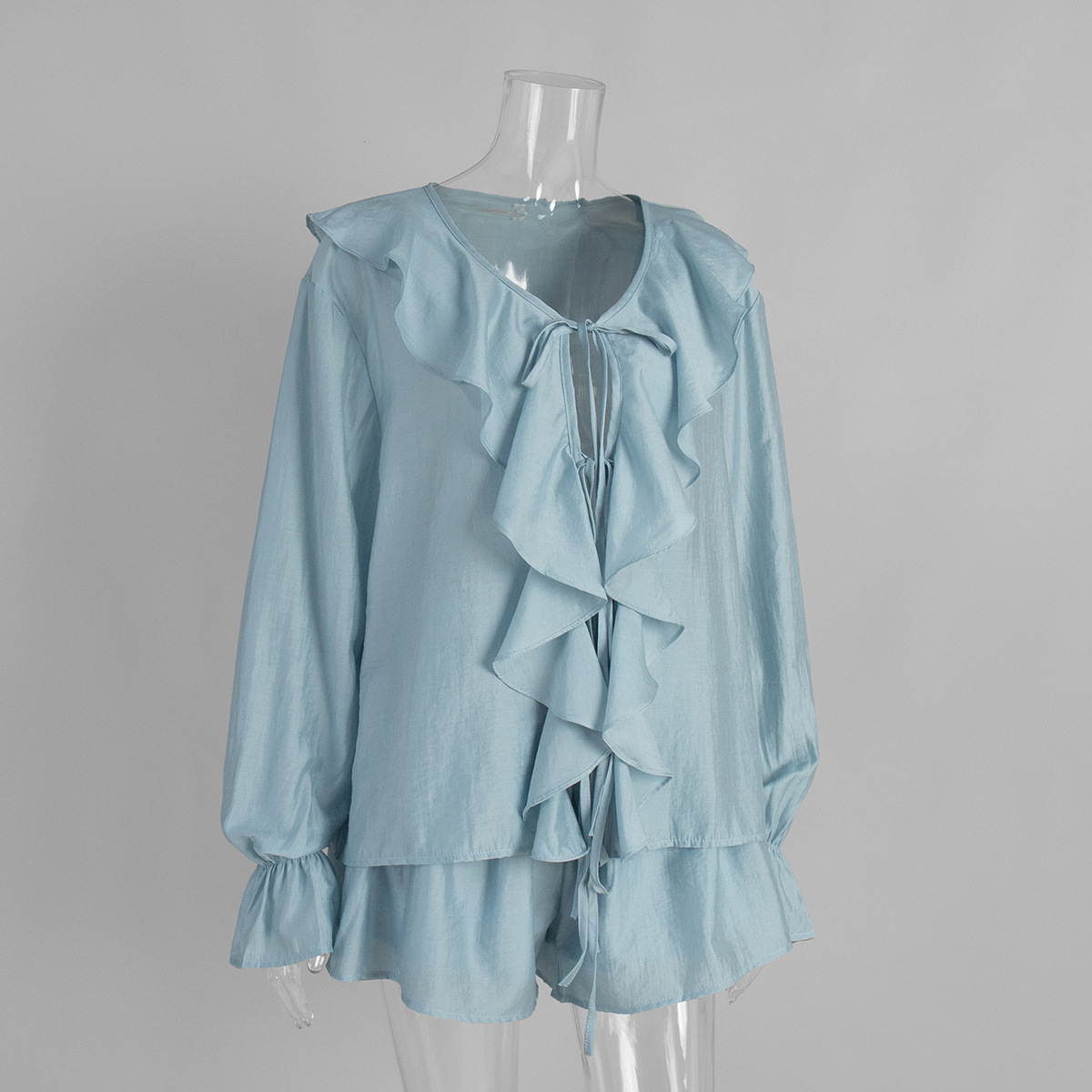 Women's French V Neck Ruffled Shirt And Shorts Set European American Style Summer Tie Front Clothing_ecoleips.com