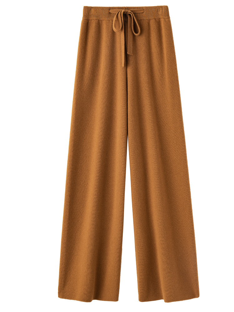 ウールのズボンの女性の秋冬の新型の純色の自然な腰のメリヤスは厚い広腿のズボンのカジュアルな垂感を厚くします。