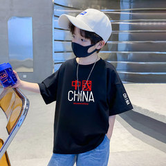 Children's black short-sleeve T-shirt, unisex pure cotton summer thin version, children's versatile top half-sleeve, trendy and cool Chinese sports shirt.