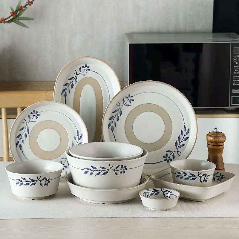 Blue leaf ceramic tableware Japanese retro simple rice bowl dinner plate household dishes stoneware dish plate shallow plate double-eared soup bowl