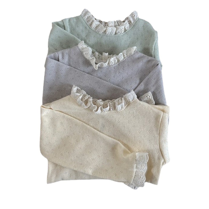 Camiseta de Algodón para Bebé, Estilo Primavera-Otoño 2026, con Cuello de Encaje, Manga Larga, Estilo Coreano