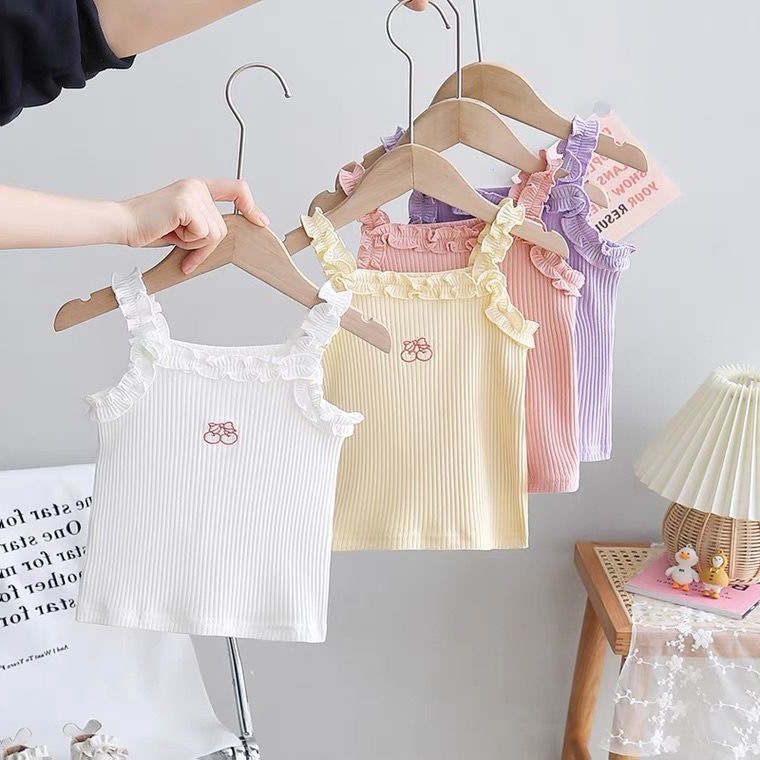 Girls' summer vest camisole, stylish and trendy Korean style with lace and cherry blossoms, cute and fresh top.