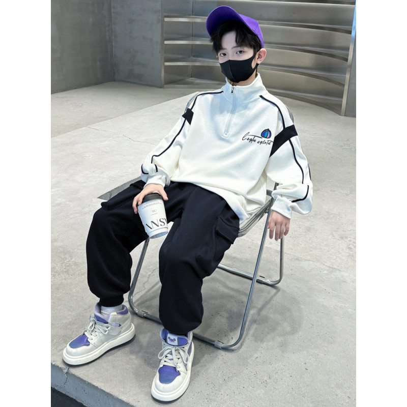 (2개) 소년의 봄과 가을 유행 인쇄 세트 2024 새로운 미드 빅 어린이 서양 스타일 느슨한 운동복 2 피스 가을 원피스