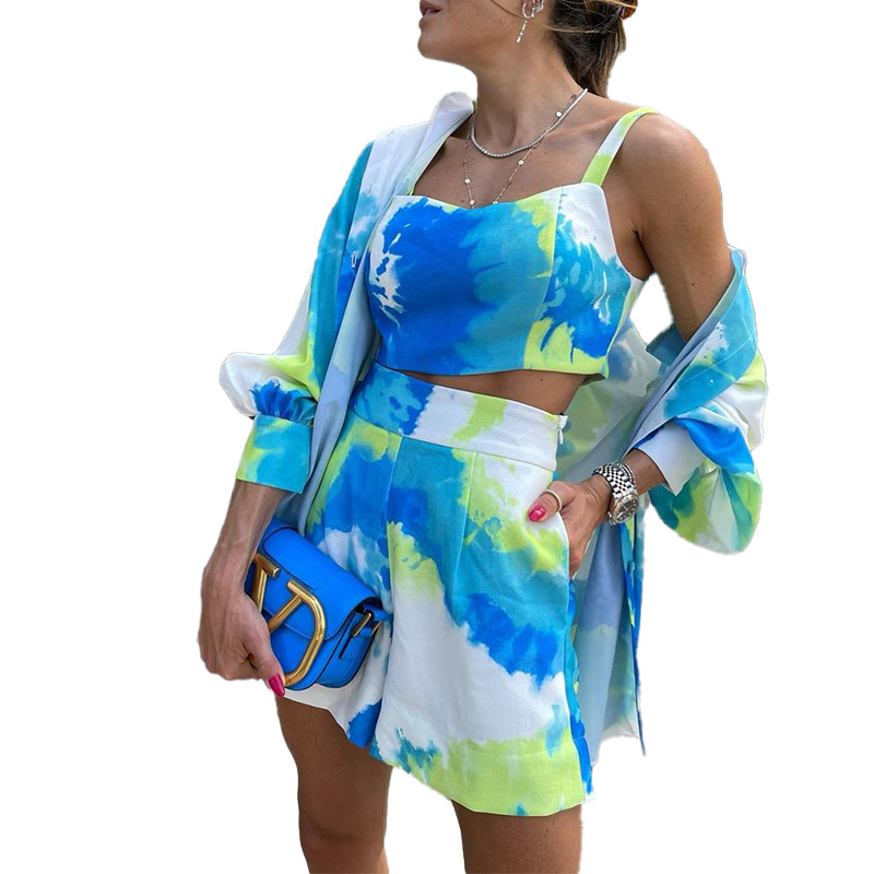 Women Clothes Spring Summer Casual Color Tie-Dye Printed Three-Piece Set