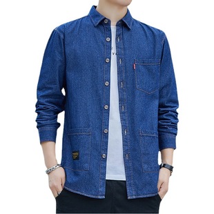 Spring and Autumn Cotton Denim Shirt Men's Long Sleeve Hong Kong Style Casual Shirt Autumn Jacket Shirt