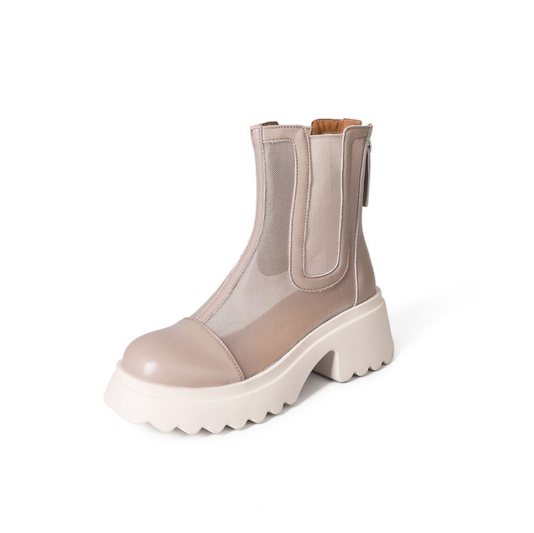 Boot ngắn nữ da bò mũi tròn đế dày thoáng khí khóa kéo sau — Màu đen, Màu mơ chi tiết 103