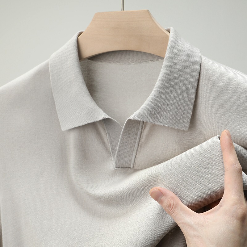 Mulberry Silk Men's Short-sleeved Scissors Collar Thin Acetate Knitted T-shirt Summer Lyocell Lapp Half-sleeved Polo Shirt Mulberry Silk Men's Short-sleeved Scissors Collar Thin Acetate Knitted T-shirt Summer Lyocell Lapp Half-sleeved Polo Shirt