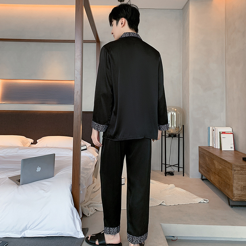 남성용 고급 얼음 실크 잠옷, 봄, 가을, 긴팔, 얇고 우아한 모조 실크 가정복, 고급 가디건 세트