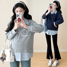 孕妇卫衣春季季外穿百搭拼色假两件POLO衫韩版显瘦孕妇上衣