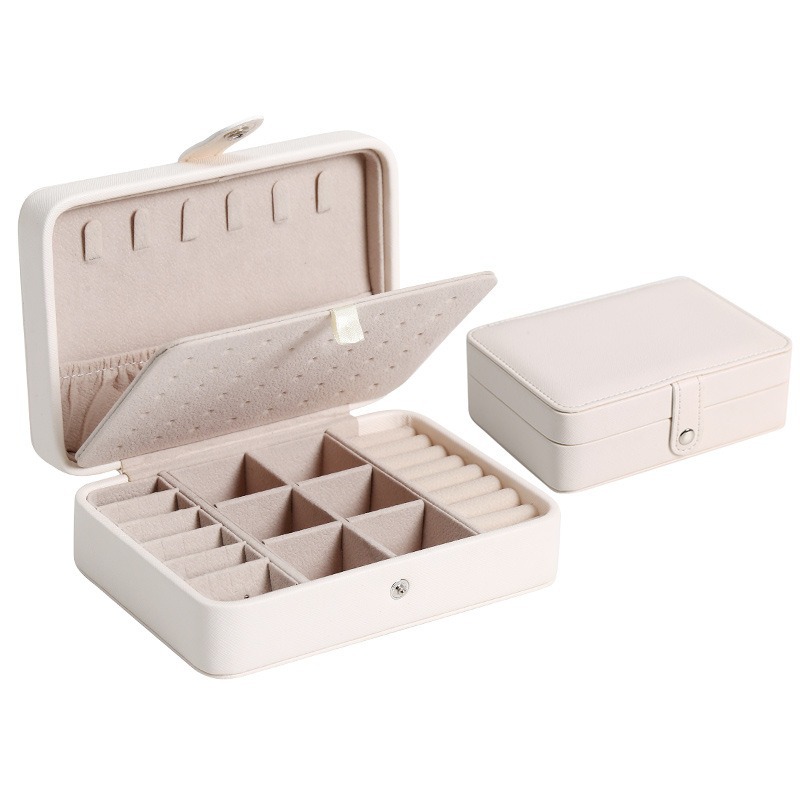 En stock nueva caja de joyería portátil de cuero de doble capa simple pendientes anillo caja de joyería caja de almacenamiento al por mayor