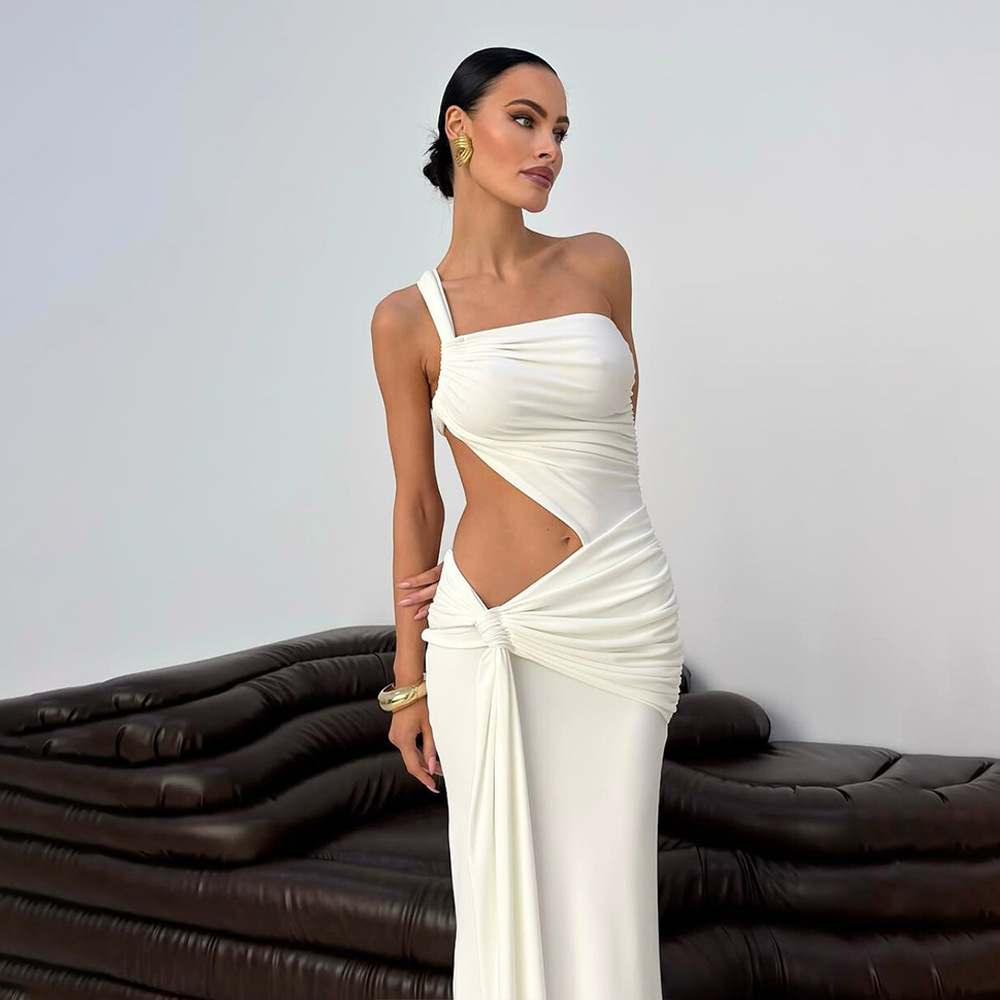 2025 europeo y americano verano transfronterizo sexy vestido de tubo halter de un solo hombro falda larga plisada con cordones de color sólido de moda image 4