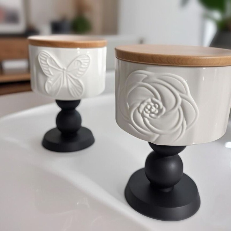 フランス風立体蝶カップ デザートカップ コーヒーカップ アロマキャンドルカップ 高脚陶器カップ 蓋付き レトロ風アロマカップ|undefined