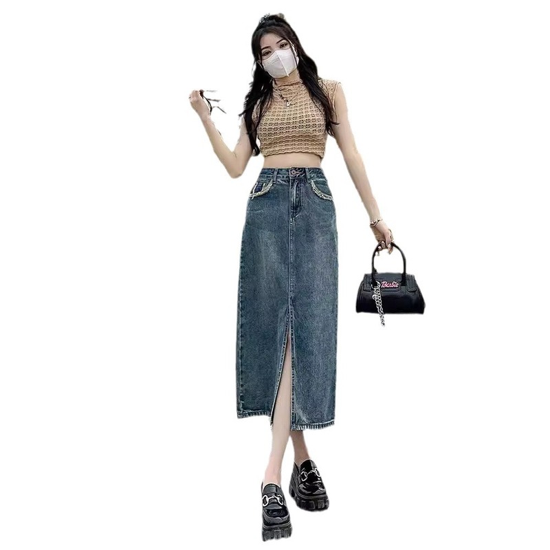 レトロスリットデニムスカート女性用夏薄手2025新作ハイウエスト痩身ミッドレングスAラインヒップスカート|undefined