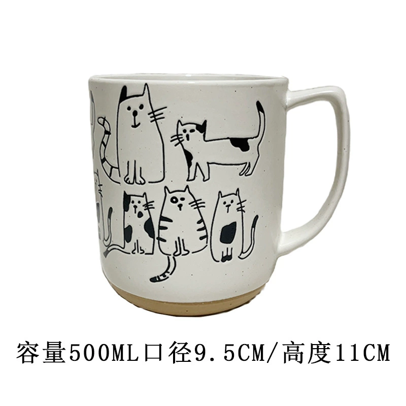 Ceramic mug hand-painted underglaze cat design, cute breakfast cup, microwave-safe