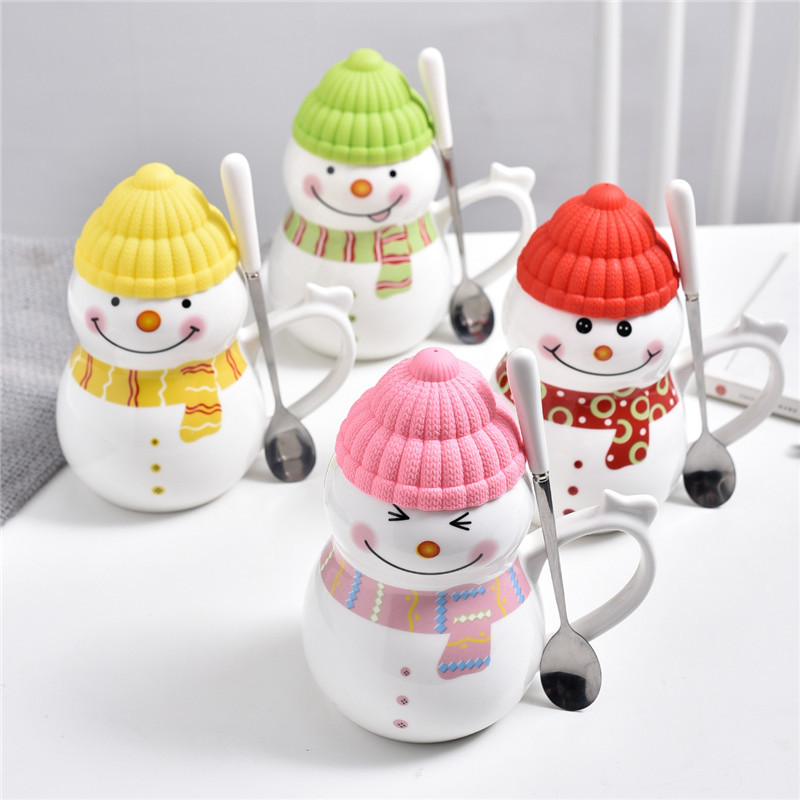 Cute muñeco de nieve cerámica taza de café leche copas de agua regalos de invierno de Navidad tazas de chicas