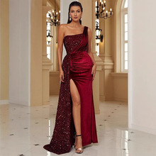 2023欧美外贸女装轻奢高级感高端宴会气质单露肩开叉连衣裙晚礼服