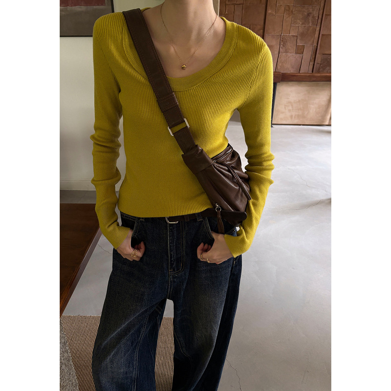 U-neck short textured base layer sweater, solid color basic wool soft and cozy knitwear for autumn YE0229 U-neck short textured base layer sweater, solid color basic wool soft and cozy knitwear for autumn YE0229