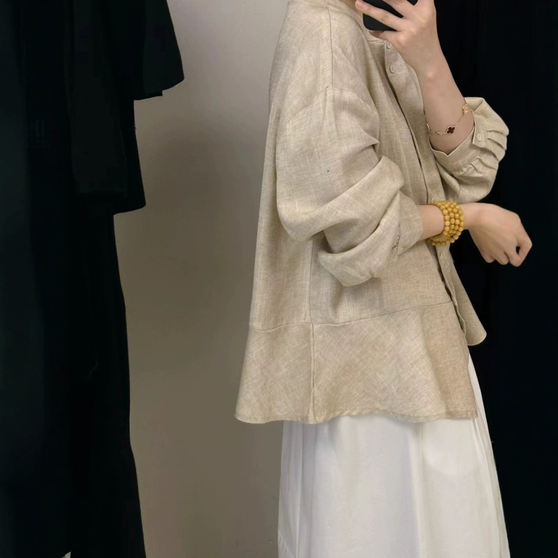 2025文艺复古女衬衫秋季 新款宽松百搭中长款亚麻衬衫女式|undefined