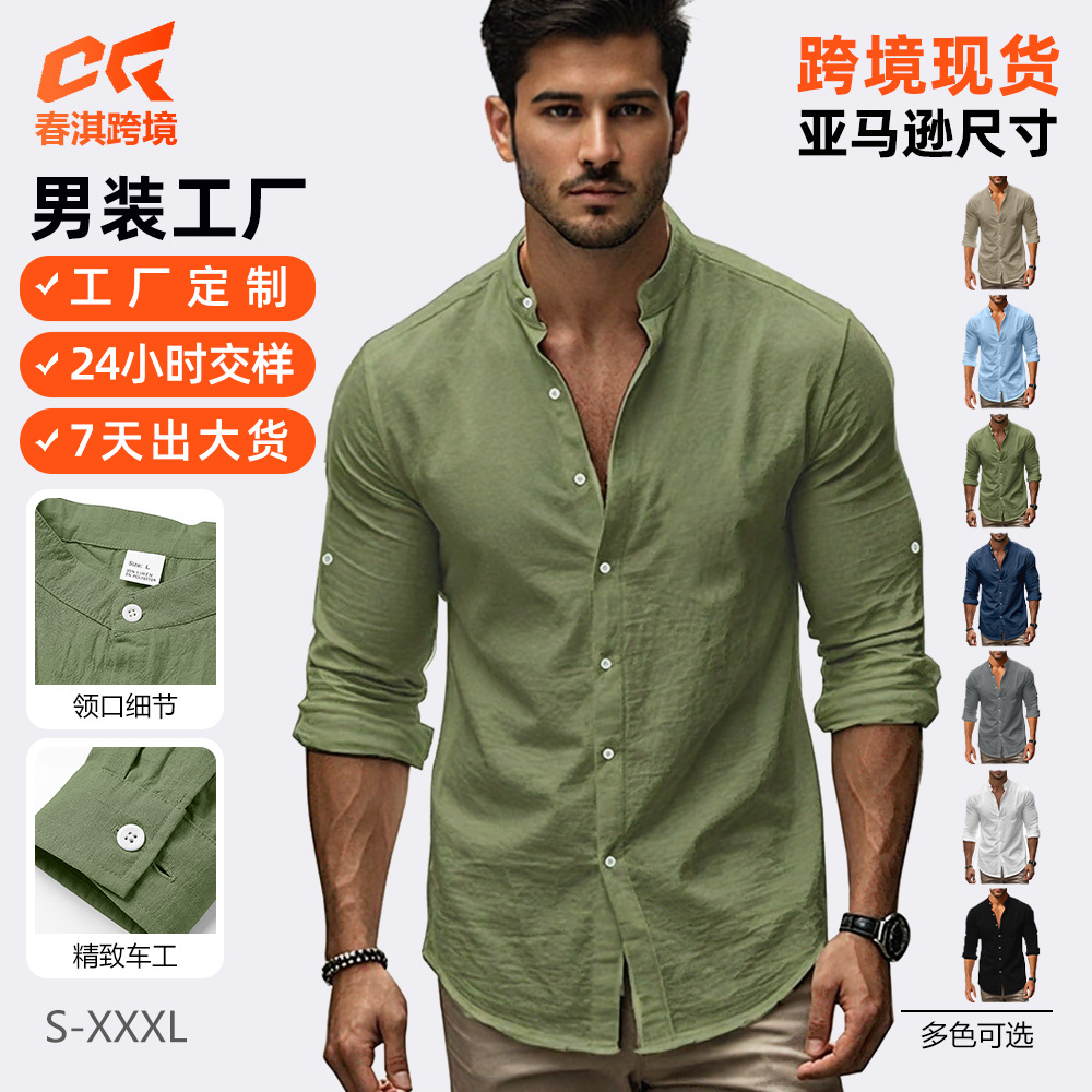 Nuevo otoño Amazon hombre camisa de botón de algodón de manga larga europea y americana TK gran tamaño camisa de lino de cuello Henry
