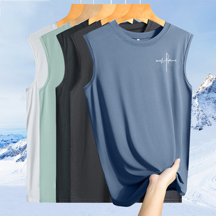 Summer Ice Silk T-Shirt Men's Round Neck Quick-Drying Vest Thin Breathable Sleeveless Large Size Top Men's Sports Loose Trendy