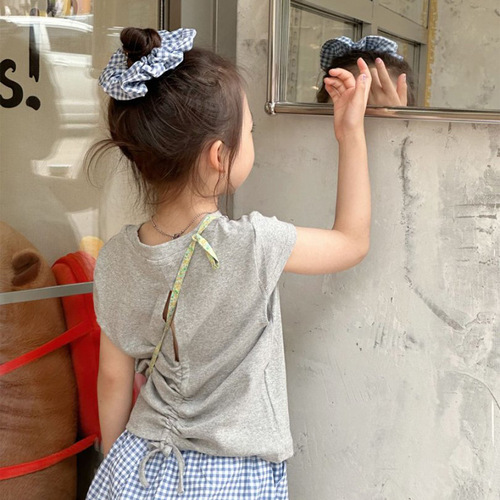 Girls' summer 2025 new bow cat printed short-sleeved versatile loose wide-leg casual pants two-piece set