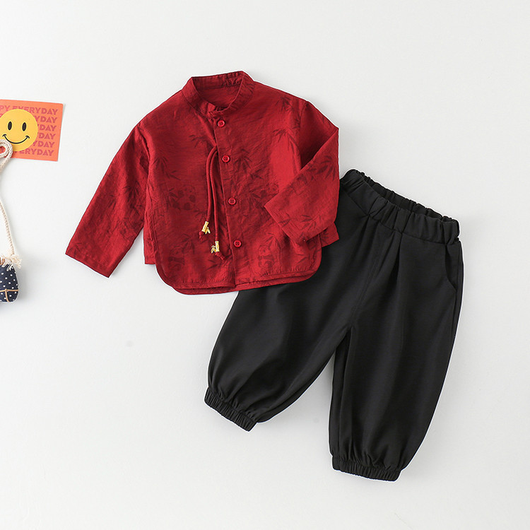 春秋夏季薄款男童中式套装衣服男宝宝红色喜庆抓周服中国风两件套|undefined